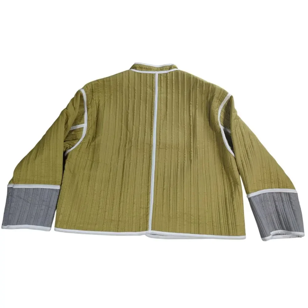 Quilted Colorblock Jacket Womens Olive Gray White Trim Boxy Cropped Coat